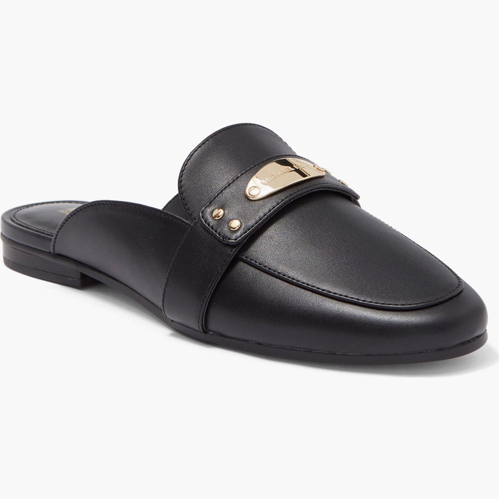 Michael Kors MK Black Plate Mule Slides Leather Loafers Slippers